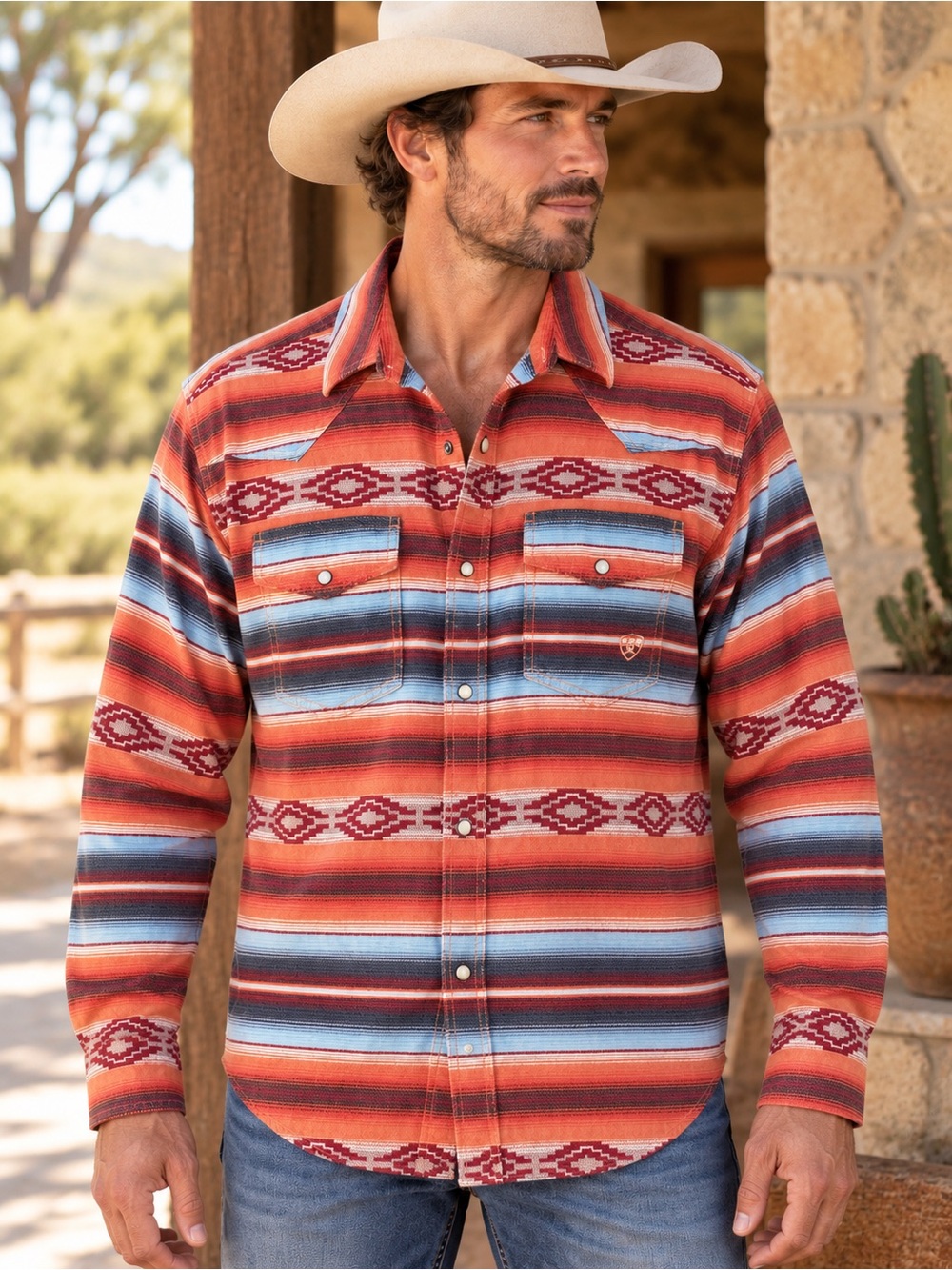 Ariat Retro Fit Men’s L Orange Aztec Serape Snap Western Shirt #958